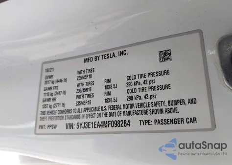 2021 Tesla Model 3 Standard Range Plus Rear-Wheel Drive из США, поврежденный, VIN 5YJ3E1EA4MF098284